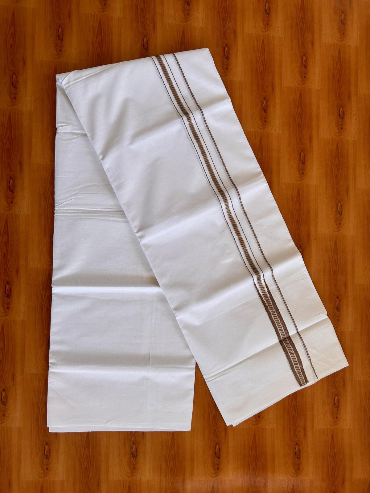 Pure white Double Mundu/Dhoti - 23% Discount! KaithariKada 100% Cotton - 100X80 - 0.75 inch Silver Kasav Olive Brown One Side Chutty Kara - 3.90 mtr (8.5 muzham) - 9 KK5528 VAS
