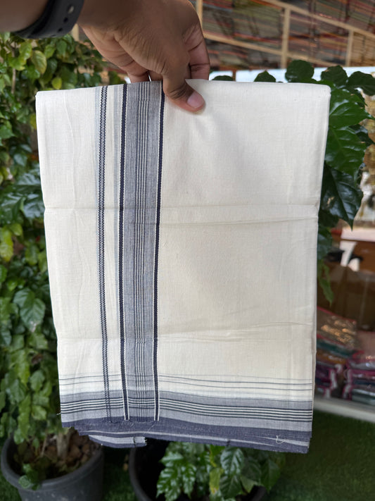 20% Discount! KaithariKada Balaramapuram 100% Cotton Off white Double Mundu/Dhoti - (100x80)S - 1.5 inch Navy Blue Shaded Striped Kara - 4mtr (8.5muzham) - 91 KK5255 VAS