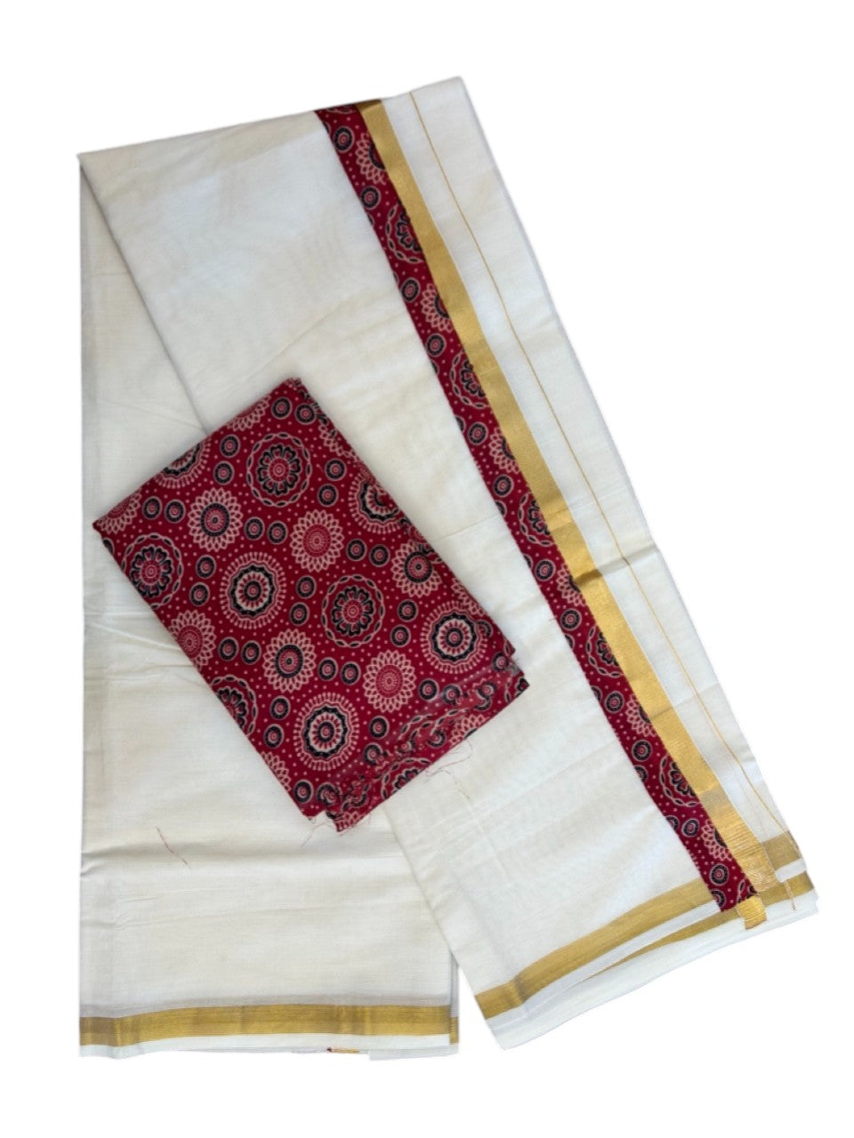 26%  DISCOUNT ! KaithariKada Balaramapuram 100% Cotton Double OFF WHITE (Unbleached) Mundu/Dhoti (80X72) cotton mix with Dark Maroon Kalamkari Shirt Material combo - 11KK5243 PMC