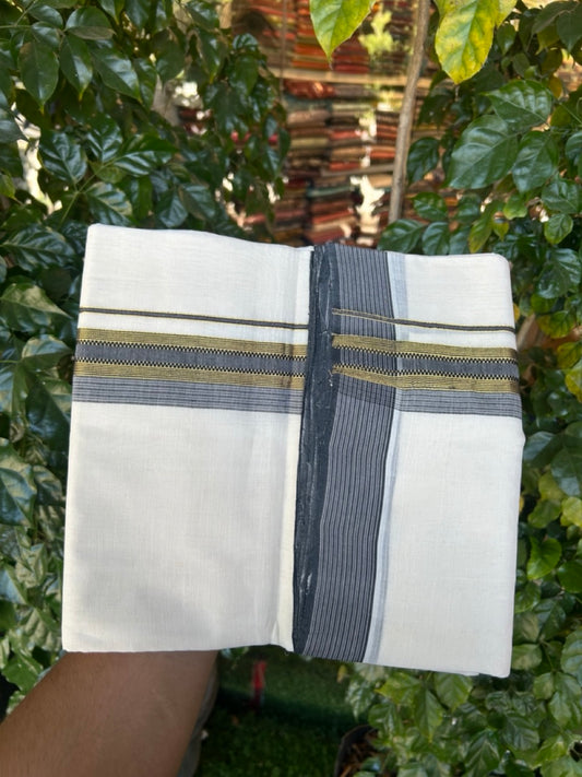 25% DISCOUNT! KaithariKada BALARAMAPURAM HANDLOOM UNAKKUPAAV - 100% PURE Cotton Off white (Unbleached) Double Mundu/Dhoti - 1.75 inch Gold Kasav & Muthukkuri Black Shaded Striped Kara (8.5 Muzham) - 6 KK5272 YAR