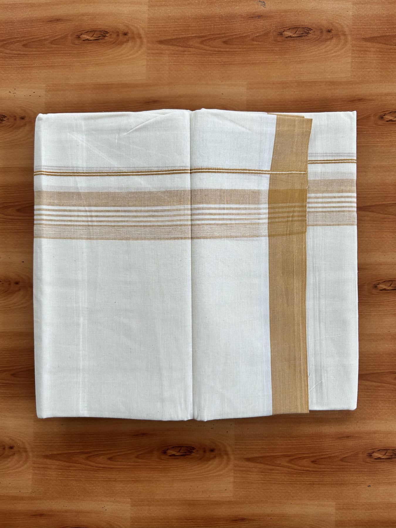 Double Off White (Unbleached) Mundu/Dhoti - 20% Discount! KaithariKada Pure Cotton - 60s - 1.5 inch Yellowish Orange Shaded Striped Kara 4 mtr (8.5 Muzham) - 66 KK5460 PMC