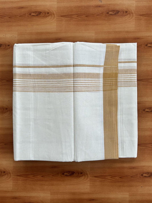 Double Off White (Unbleached) Mundu/Dhoti - 20% Discount! KaithariKada Pure Cotton - 60s - 1.5 inch Yellowish Orange Shaded Striped Kara 4 mtr (8.5 Muzham) - 66 KK5460 PMC