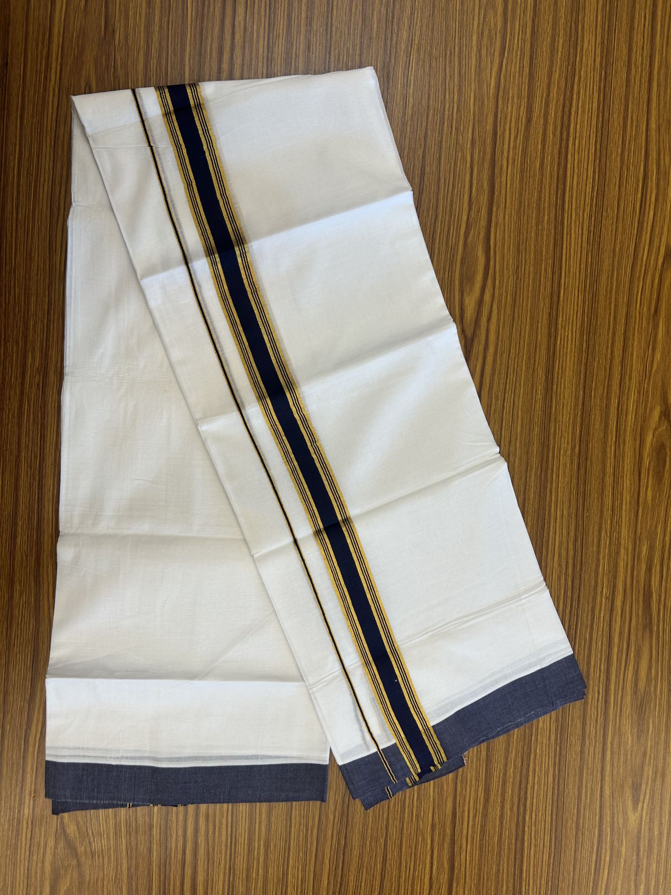 20% Discount! KaithariKada Balaramapuram 100% Cotton Double Pure white Mundu/Dhoti- 100x80 - 1.25 inch Gold Kasav & Navy Blue Stripes kara 3.75 mtr ( 8 muzham) - 38 KK5315 VAS