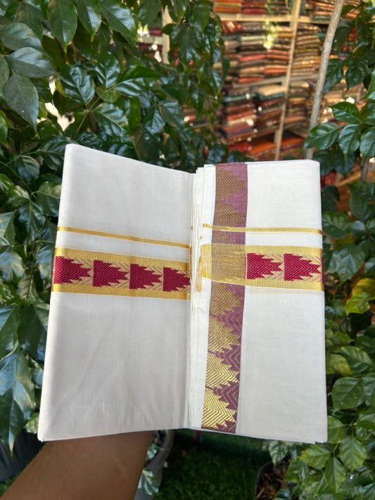 25% DISCOUNT ! KaithariKada HANDLOOM Unakkupaav Balaramapuram - 100% PURE Cotton OFF WHITE - (Unbleached) Double Mundu/Dhoti - 80x90 - 1.5 inch Gold Kasavu & Maroon Red Temple Jacquard Design Kara 4 mtr (8.5 Muzham) - 8 KK5272 ABH