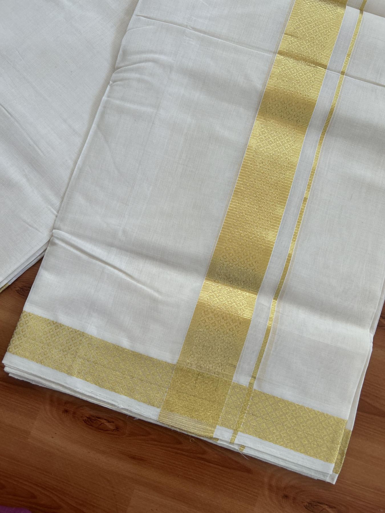 25% Discount ! KaithariKada Kerala Handloom Millpaav  - 100% Pure Cotton Off White- (Unbleached) Double Mundu/Dhoti - 80x90 - 1.75 inch Gold Kasav Jacquard Design Kara 4 mtr (8.5 Muzham) - 38 KK5383 RAM