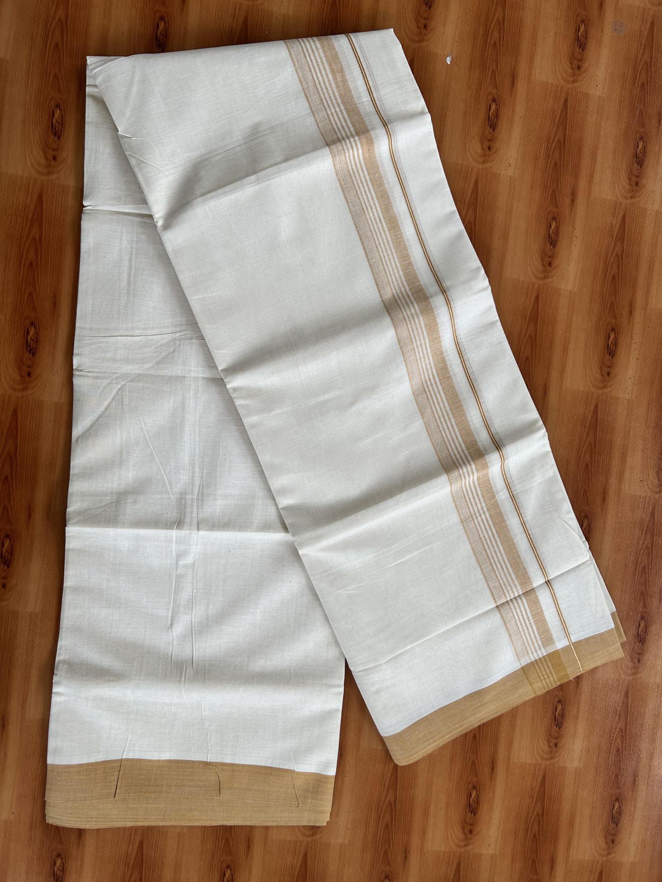 Double Off White (Unbleached) Mundu/Dhoti - 20% Discount! KaithariKada Pure Cotton - 60s - 1.5 inch Yellowish Orange Shaded Striped Kara 4 mtr (8.5 Muzham) - 66 KK5460 PMC