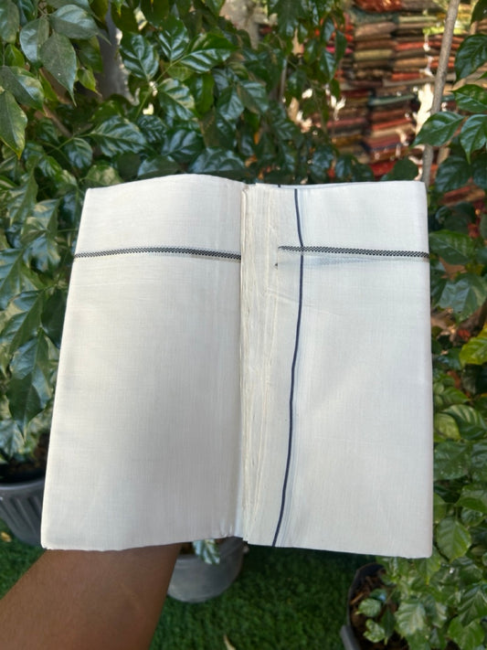 25% DISCOUNT! KaithariKada BALARAMAPURAM HANDLOOM UNAKKUPAAV - 100% PURE Cotton Off white (Unbleached) Double Mundu/Dhoti - 0.25 inch Silver Kasavu & Muthukkuri Black Kara (8.5 Muzham) - 4KK5272 YAR