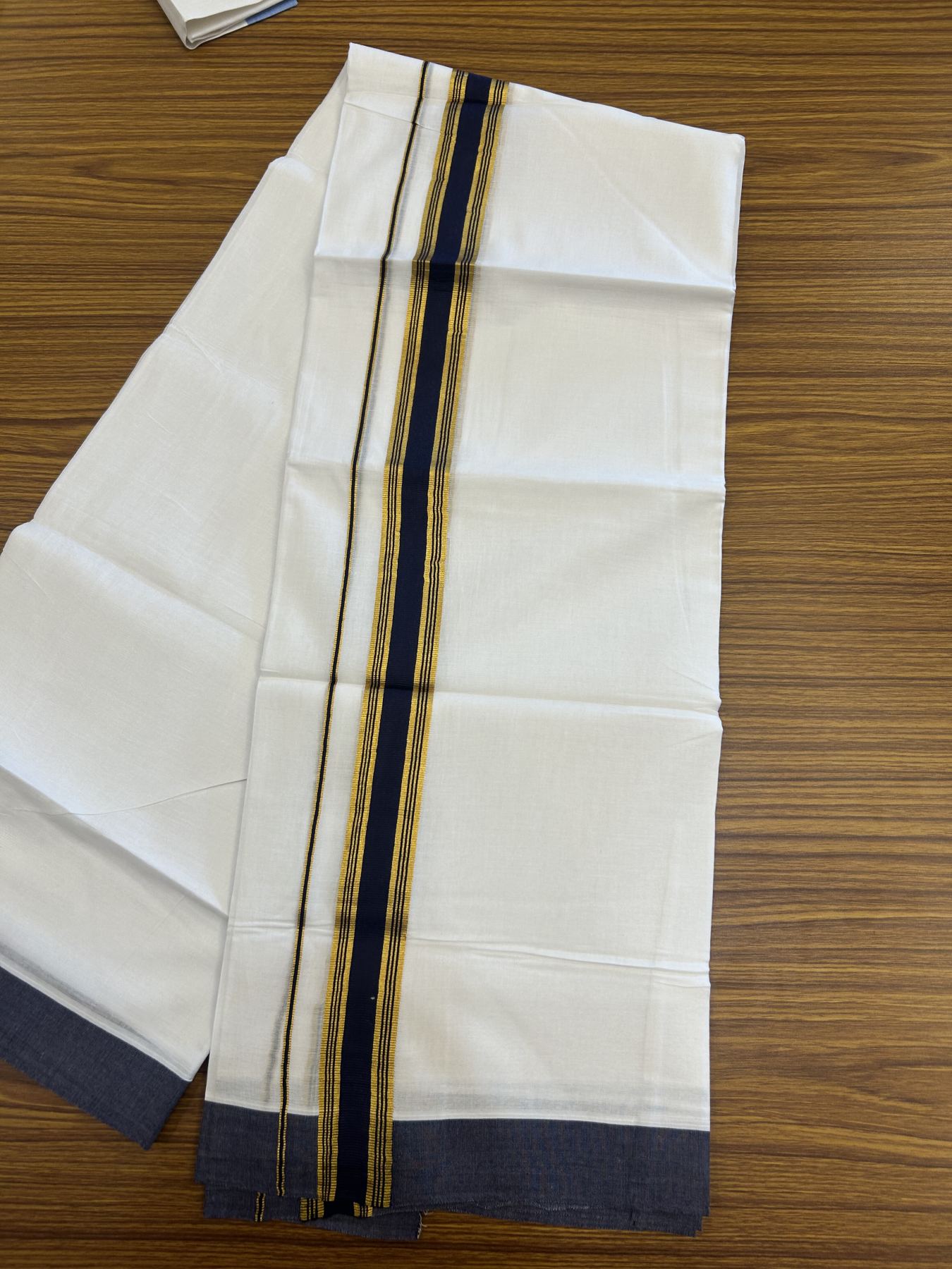 20% Discount! KaithariKada Balaramapuram 100% Cotton Double Pure white Mundu/Dhoti- 100x80 - 1.25 inch Gold Kasav & Navy Blue Stripes kara 3.75 mtr ( 8 muzham) - 38 KK5315 VAS