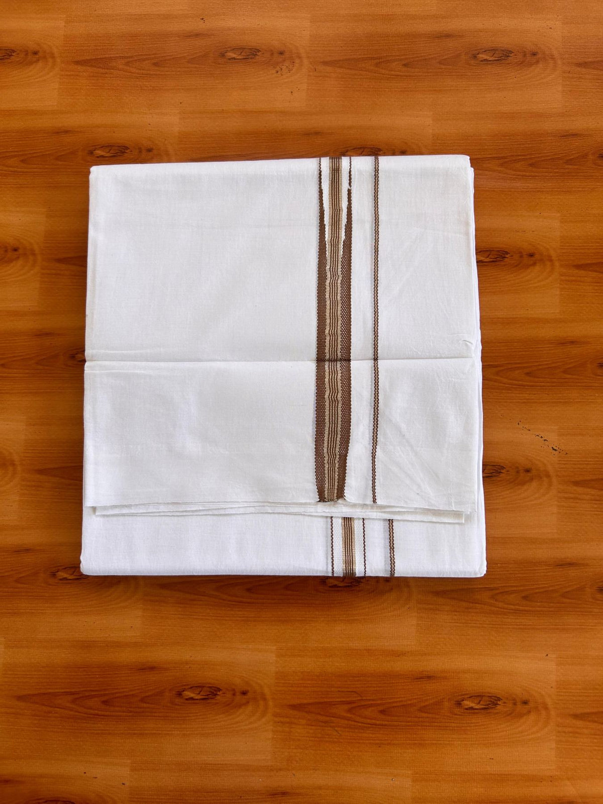 Pure white Double Mundu/Dhoti - 23% Discount! KaithariKada 100% Cotton - 100X80 - 0.75 inch Silver Kasav Olive Brown One Side Chutty Kara - 3.90 mtr (8.5 muzham) - 9 KK5528 VAS