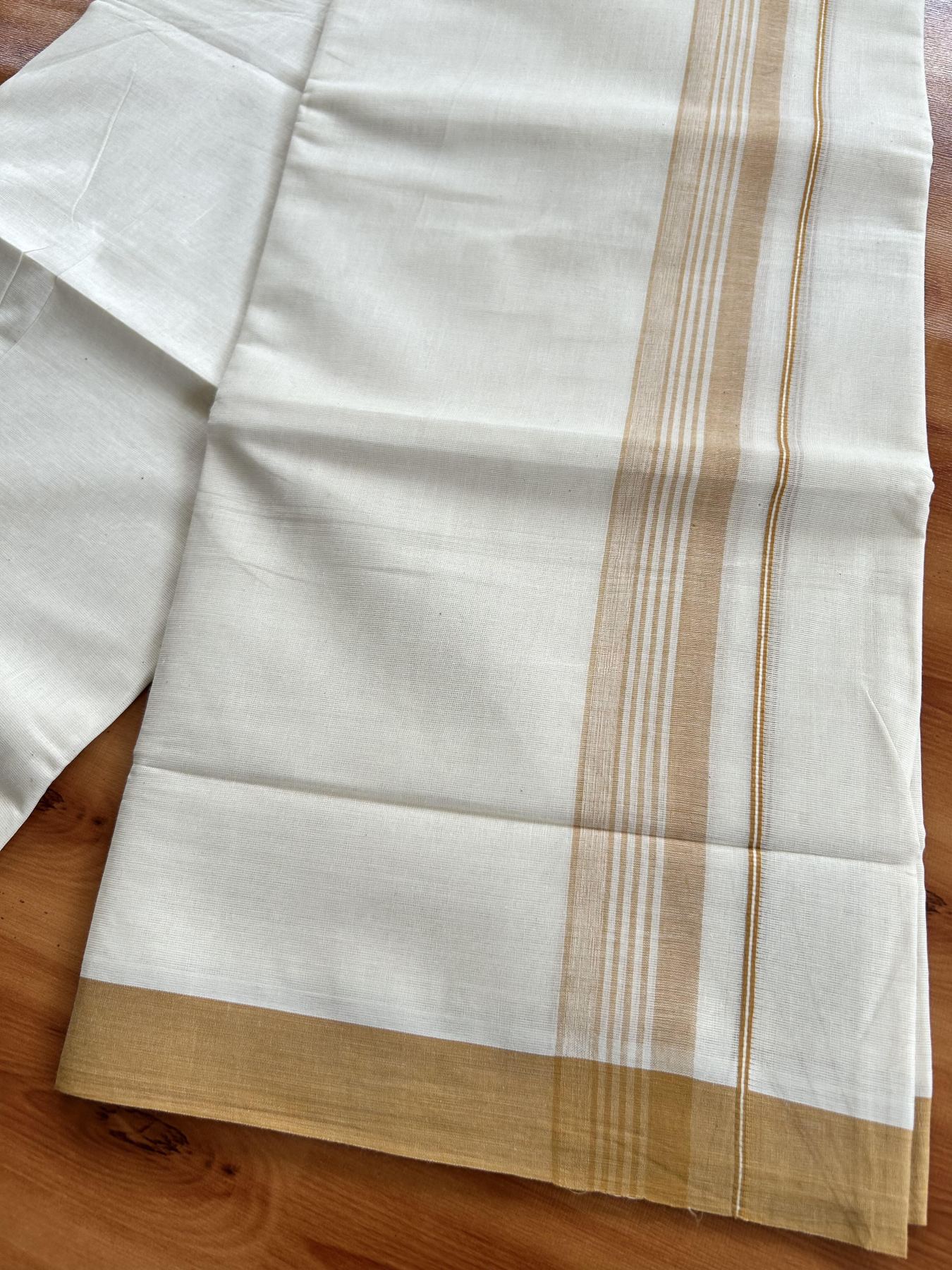 Double Off White (Unbleached) Mundu/Dhoti - 20% Discount! KaithariKada Pure Cotton - 60s - 1.5 inch Yellowish Orange Shaded Striped Kara 4 mtr (8.5 Muzham) - 66 KK5460 PMC