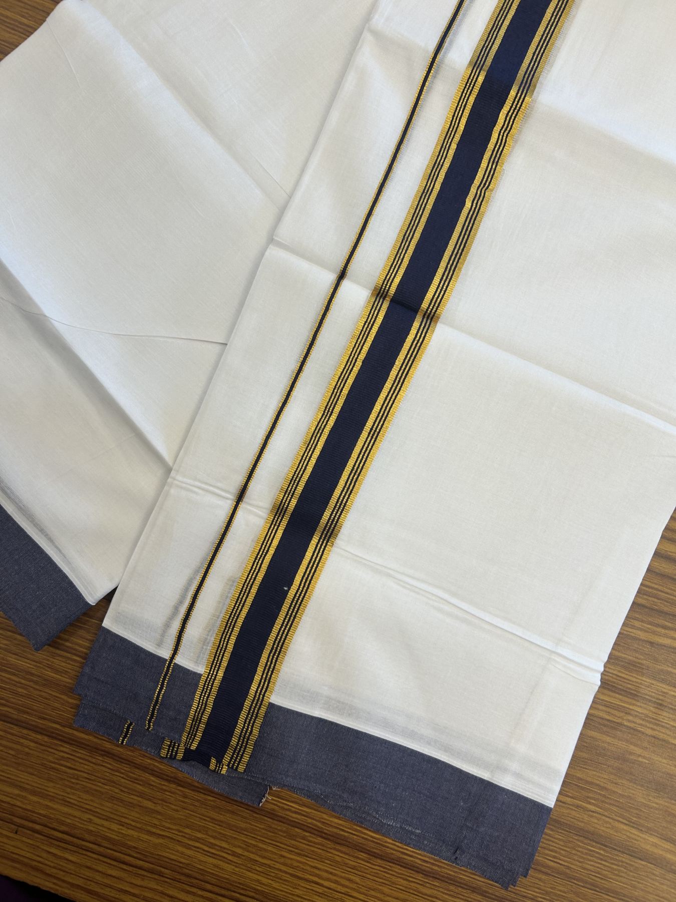 20% Discount! KaithariKada Balaramapuram 100% Cotton Double Pure white Mundu/Dhoti- 100x80 - 1.25 inch Gold Kasav & Navy Blue Stripes kara 3.75 mtr ( 8 muzham) - 38 KK5315 VAS
