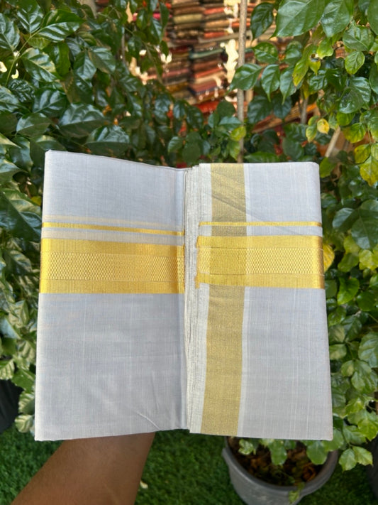 25% Discount! KaithariKada Handloom UNAKKUPAAV Balaramapuram - 100% Cotton Double Mundu/Dhoti - Light Ash Shaded Colour Body - 1.75 inch Gold Kasavu Striped Design Kara - 3 KK5272 YAR