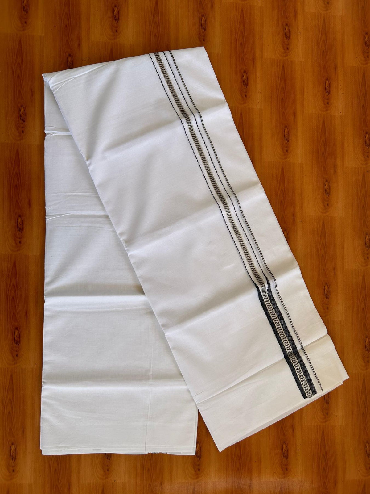 Pure white Double Mundu/Dhoti - 23% Discount! KaithariKada 100% Cotton - 100X80 - 1 inch Silver Kasav Black One Side Chutty Kara - 3.90 mtr (8.5 muzham) - 10 KK5528 VAS