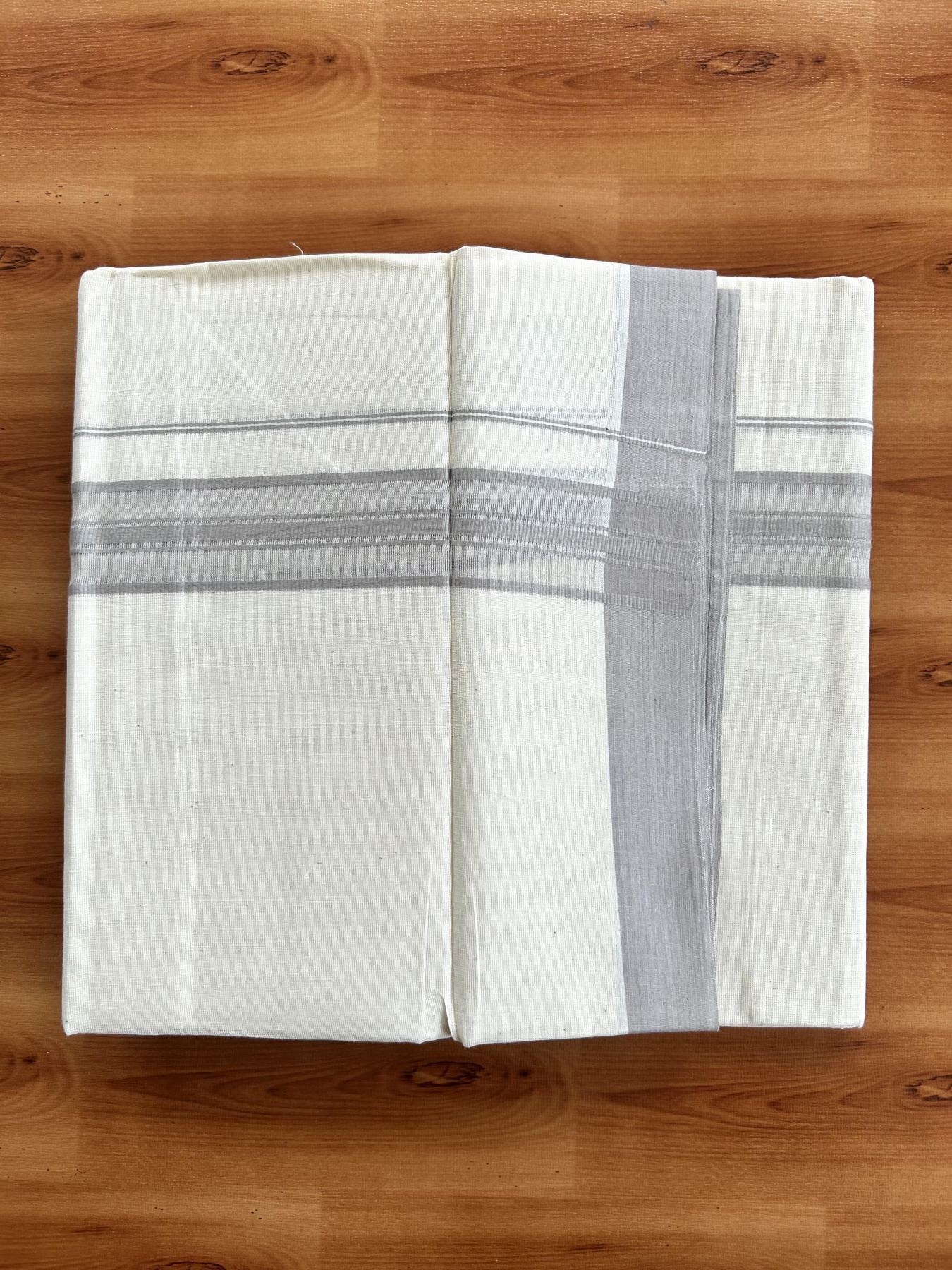 Double Off White (Unbleached) Mundu/Dhoti - 20% Discount! KaithariKada Pure Cotton - 60s - 1.25 inch Ash Grey Shaded Striped Kara 4 mtr (8.5 Muzham) - 70 KK5460 PMC