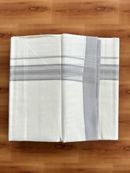 Double Off White (Unbleached) Mundu/Dhoti - 20% Discount! KaithariKada Pure Cotton - 60s - 1.25 inch Ash Grey Shaded Striped Kara 4 mtr (8.5 Muzham) - 70 KK5460 PMC