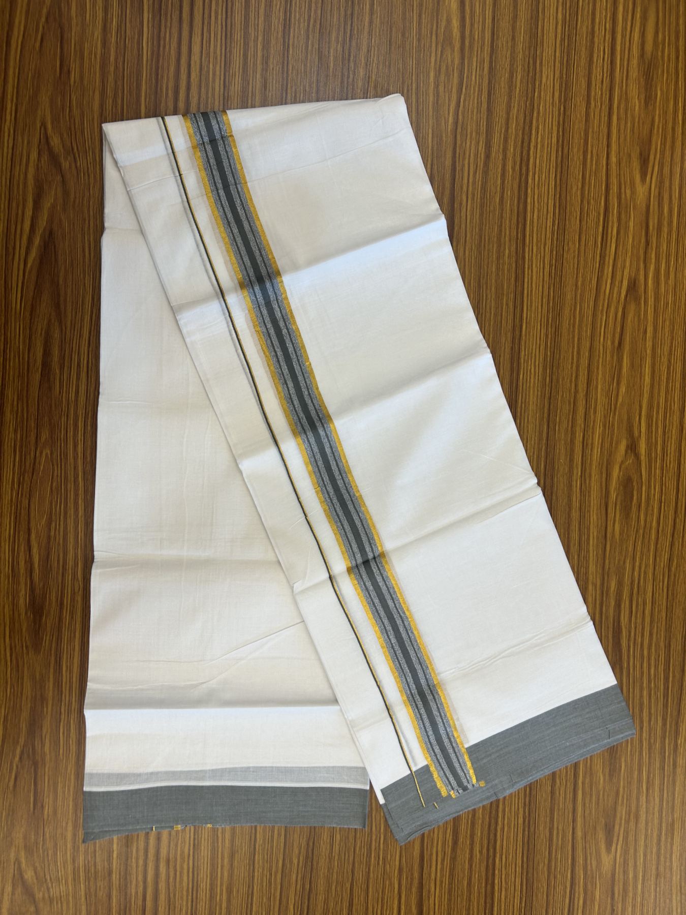 20% Discount! KaithariKada Balaramapuram 100% Cotton Double Pure white Mundu/Dhoti- 100x80 - 1.25 inch Gold Kasav & Grey Green Stripes kara 3.75 mtr ( 8 muzham) - 11 KK5315 VAS