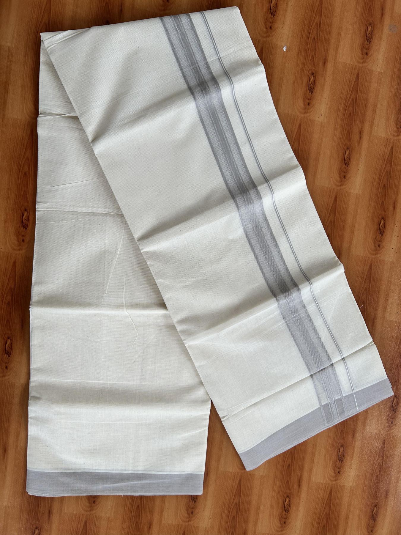 Double Off White (Unbleached) Mundu/Dhoti - 20% Discount! KaithariKada Pure Cotton - 60s - 1.25 inch Ash Grey Shaded Striped Kara 4 mtr (8.5 Muzham) - 70 KK5460 PMC
