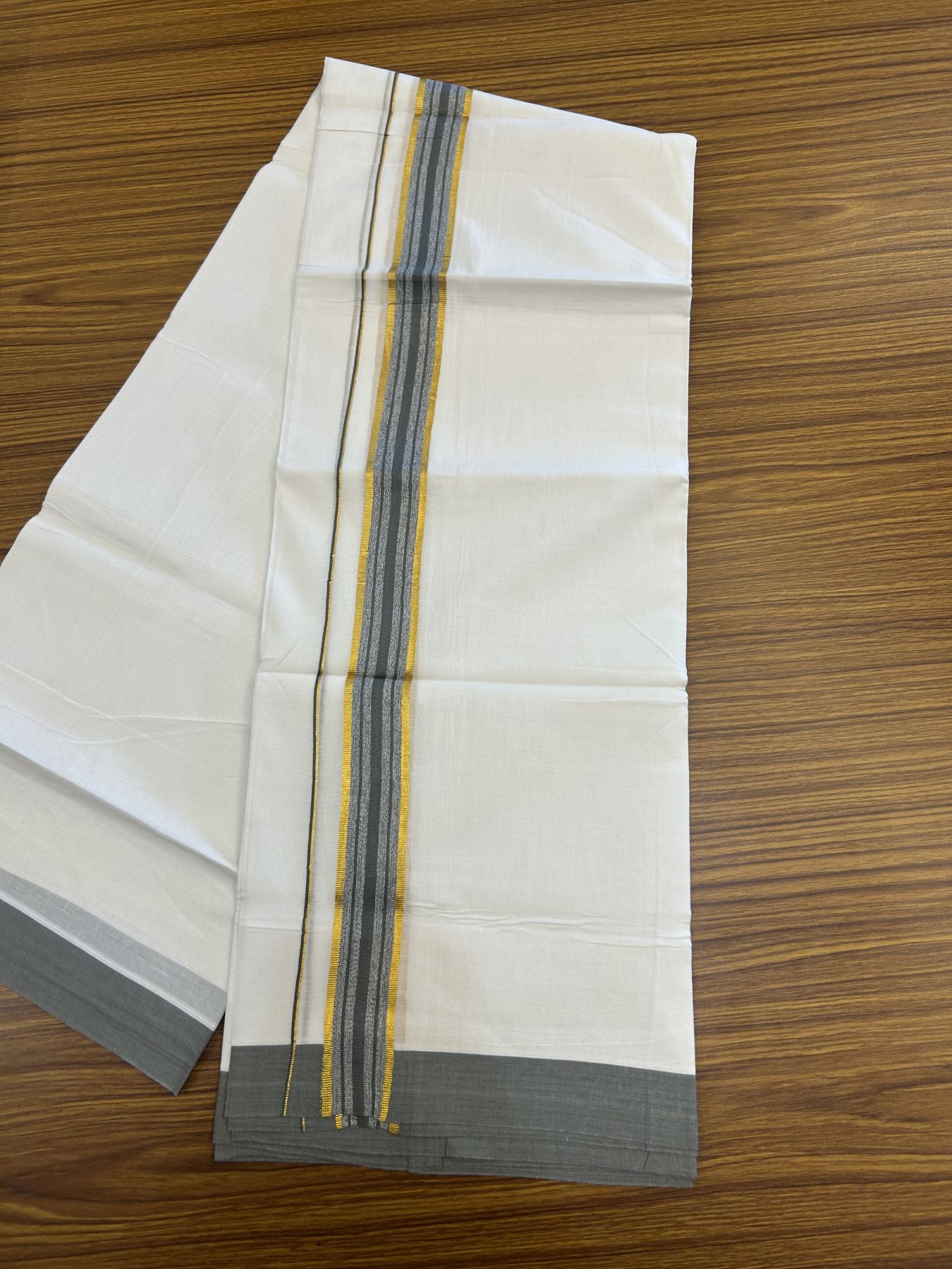 20% Discount! KaithariKada Balaramapuram 100% Cotton Double Pure white Mundu/Dhoti- 100x80 - 1.25 inch Gold Kasav & Grey Green Stripes kara 3.75 mtr ( 8 muzham) - 11 KK5315 VAS