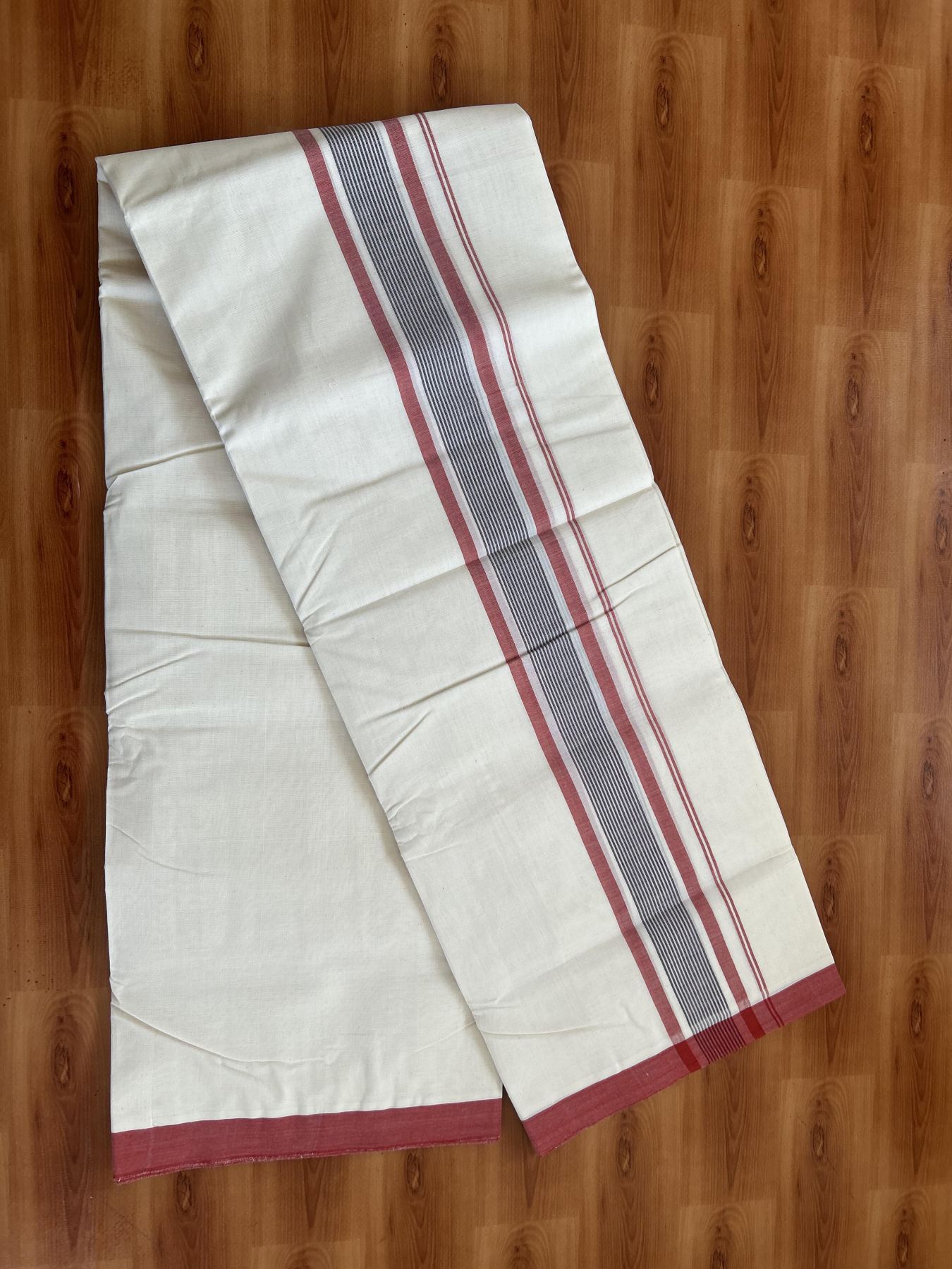 25% Discount! KaithariKada Handloom Millpaav - Kerala Handloom - Cotton Double Mundu/Dhoti Off white (Unbleached) - 80x90 - 2 inch Brick Orange & Dark Brown Shaded Stripes Kara 4.00 meter (8.5 Muzham) - 91 KK5383 RAM