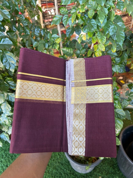 25% Discount! KaithariKada Handloom UNAKKUPAAV Balaramapuram - 100% Cotton Double Mundu/Dhoti - Wine Purple Colour Body - 1.75 inch Gold Kasavu & Silver Kasav Jacquard Design Kara - 1 KK5272 YAR