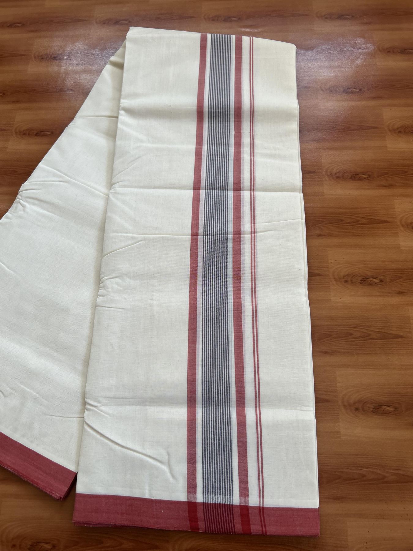 25% Discount! KaithariKada Handloom Millpaav - Kerala Handloom - Cotton Double Mundu/Dhoti Off white (Unbleached) - 80x90 - 2 inch Brick Orange & Dark Brown Shaded Stripes Kara 4.00 meter (8.5 Muzham) - 91 KK5383 RAM
