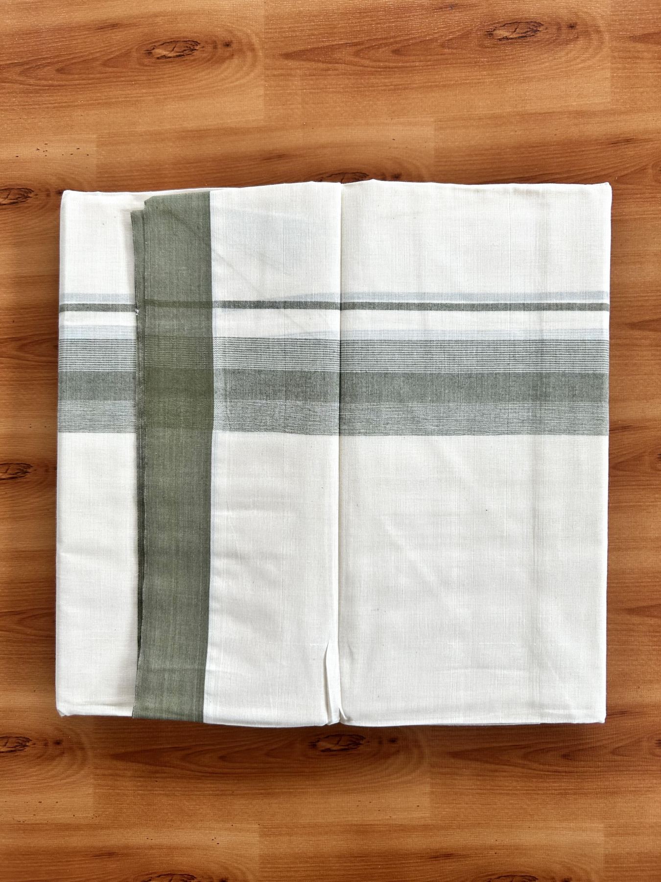 Double Off White (Unbleached) Mundu/Dhoti - 20% Discount! KaithariKada Pure Cotton - 100X80 - 1.75 inch Olive Green Shaded Striped Kara 4 mtr (8.5 Muzham) - 57 KK5460 PMC