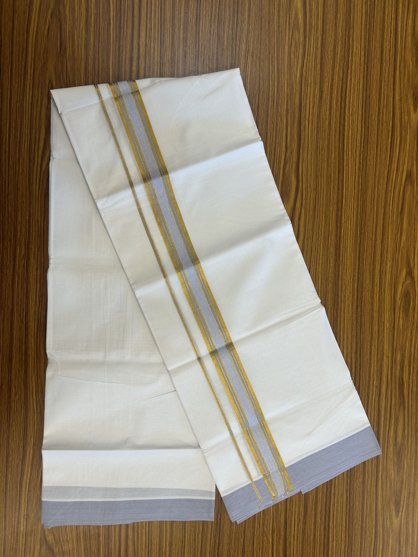 20% Discount! KaithariKada Balaramapuram 100% Cotton Double Pure white Mundu/Dhoti- 100x80 - 1.25 inch Gold Kasav & Light Lavender Stripes kara 3.75 mtr ( 8 muzham) - 39 KK5315 VAS