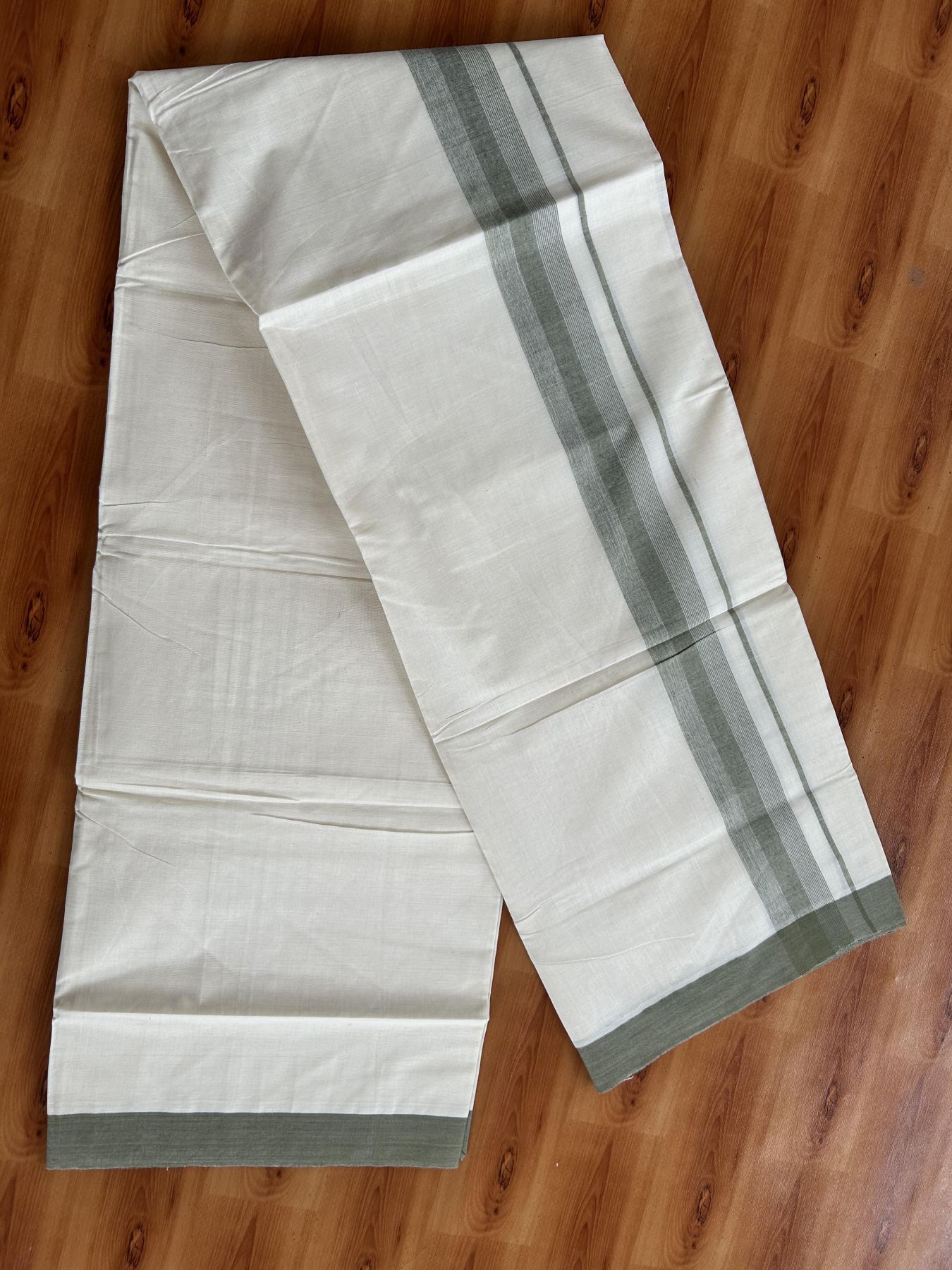 Double Off White (Unbleached) Mundu/Dhoti - 20% Discount! KaithariKada Pure Cotton - 100X80 - 1.75 inch Olive Green Shaded Striped Kara 4 mtr (8.5 Muzham) - 57 KK5460 PMC