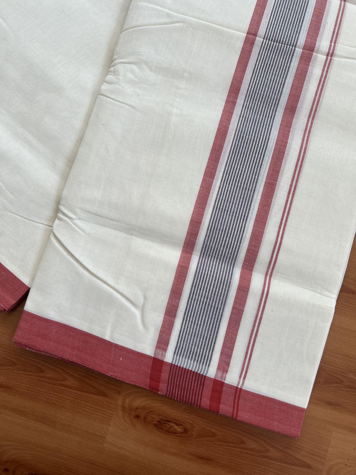 25% Discount! KaithariKada Handloom Millpaav - Kerala Handloom - Cotton Double Mundu/Dhoti Off white (Unbleached) - 80x90 - 2 inch Brick Orange & Dark Brown Shaded Stripes Kara 4.00 meter (8.5 Muzham) - 91 KK5383 RAM