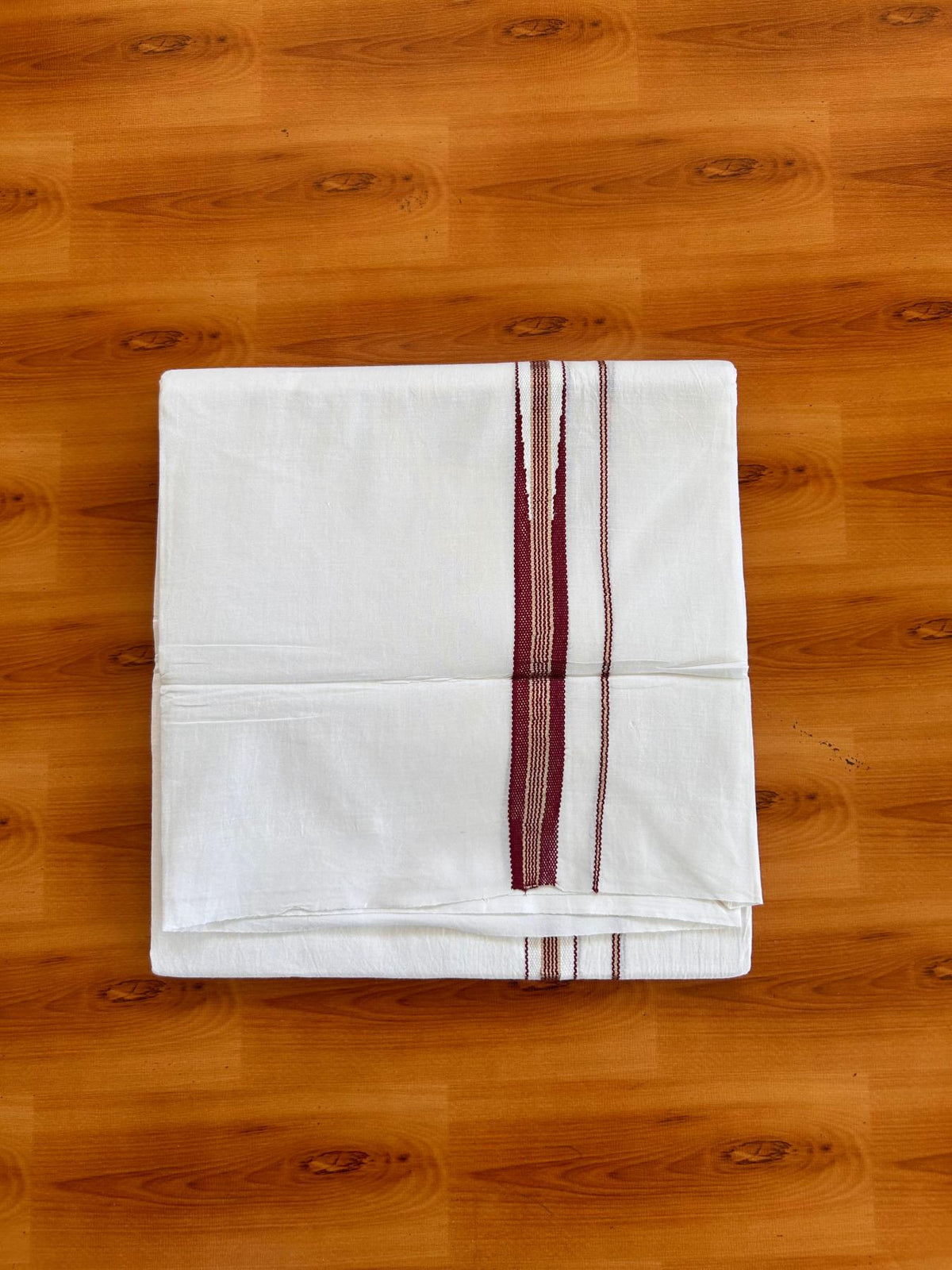 Pure white Double Mundu/Dhoti - 23% Discount! KaithariKada 100% Cotton - 100X80 - 1 inch Silver Kasav Maroon One Side Chutty Kara - 3.90 mtr (8.5 muzham) - 11 KK5528 VAS