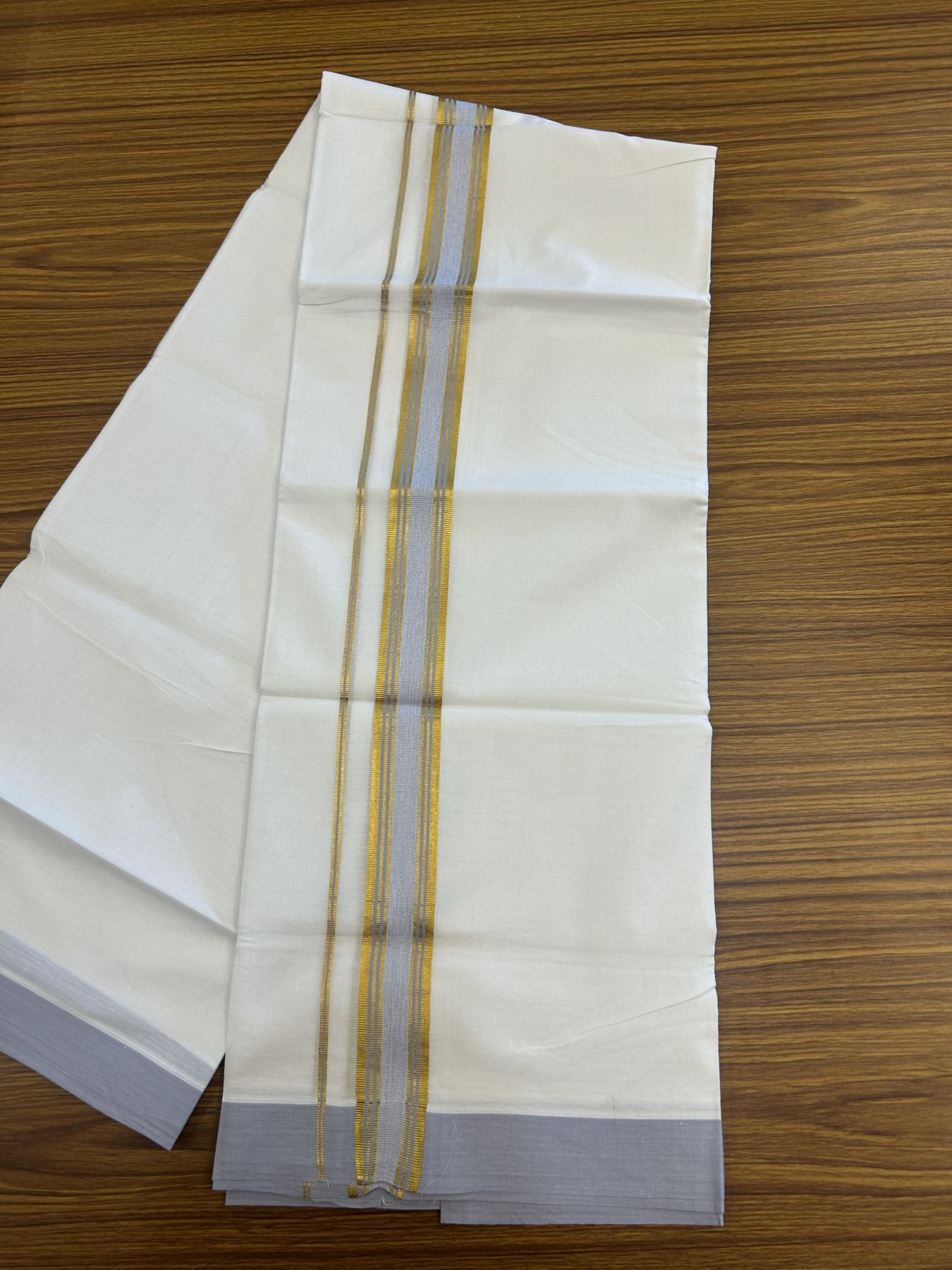 20% Discount! KaithariKada Balaramapuram 100% Cotton Double Pure white Mundu/Dhoti- 100x80 - 1.25 inch Gold Kasav & Light Lavender Stripes kara 3.75 mtr ( 8 muzham) - 39 KK5315 VAS