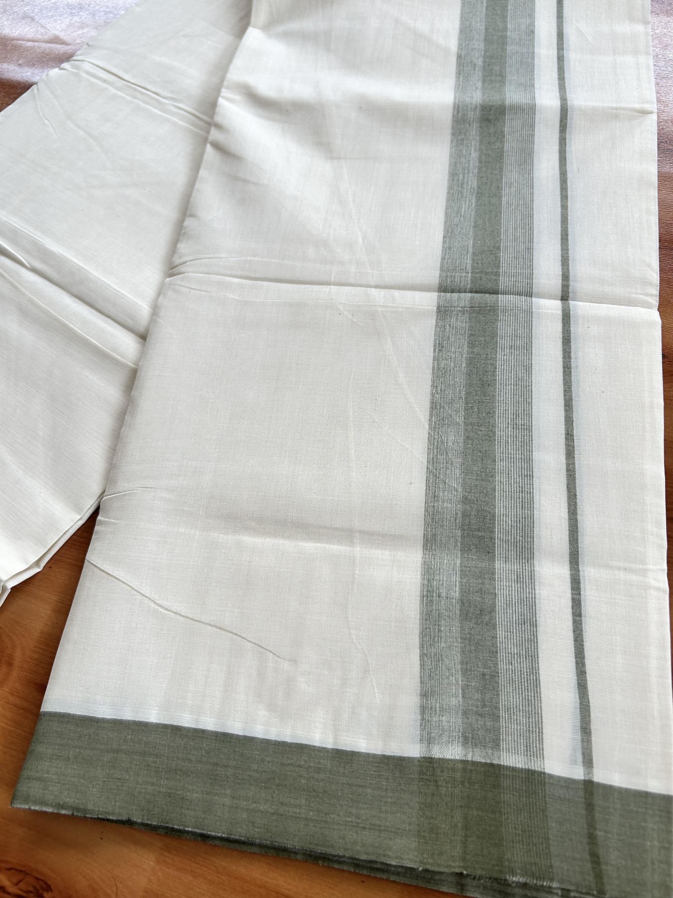 Double Off White (Unbleached) Mundu/Dhoti - 20% Discount! KaithariKada Pure Cotton - 100X80 - 1.75 inch Olive Green Shaded Striped Kara 4 mtr (8.5 Muzham) - 57 KK5460 PMC