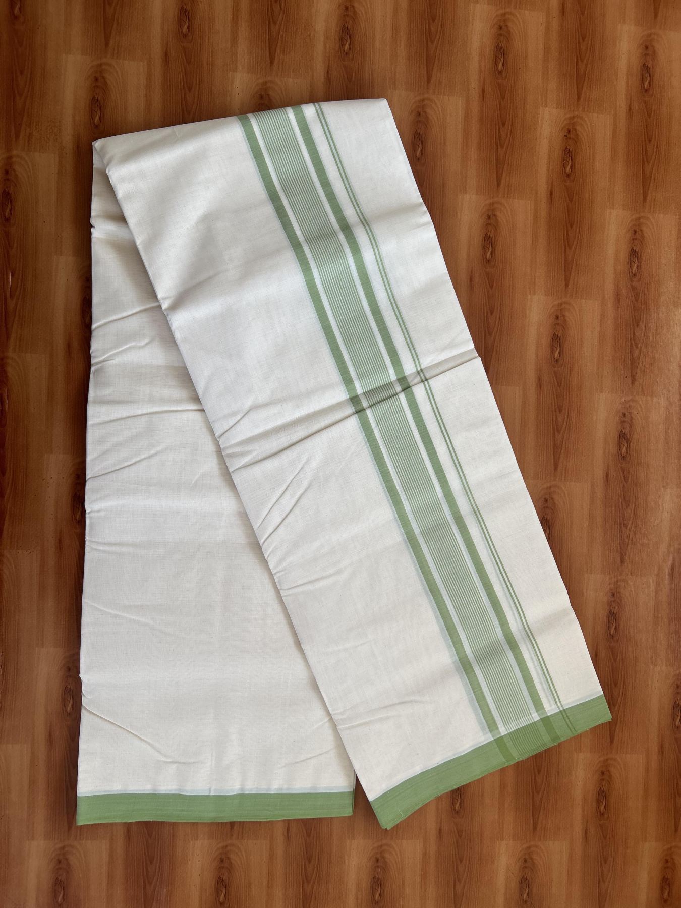 25% Discount! KaithariKada Handloom Millpaav - Kerala Handloom - Cotton Double Mundu/Dhoti Off white (Unbleached) - 80x90 - 2.25 inch Light Green Shaded Stripes Kara 4.00 meter (8.5 Muzham) - 88 KK5383 RAM