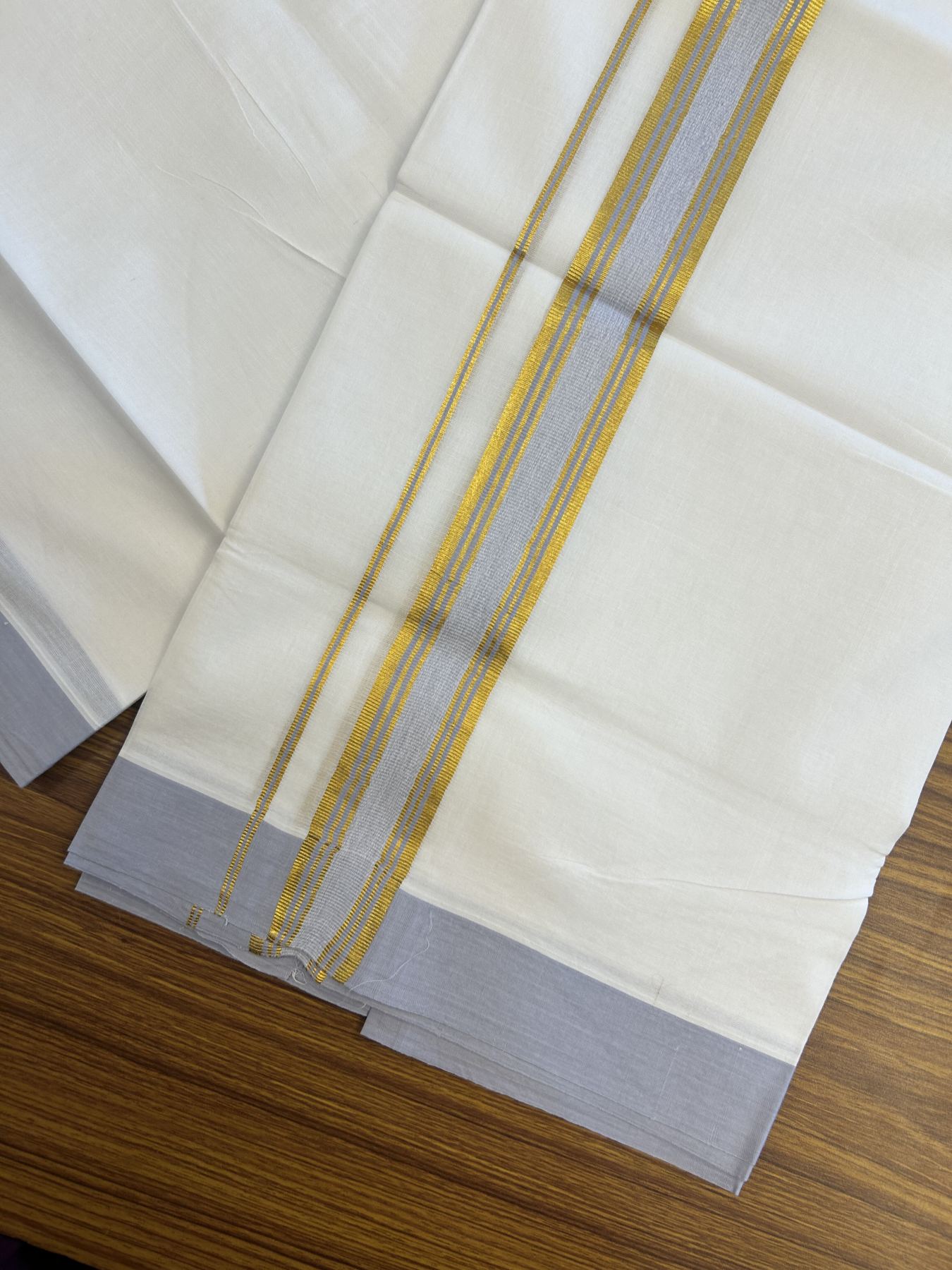 20% Discount! KaithariKada Balaramapuram 100% Cotton Double Pure white Mundu/Dhoti- 100x80 - 1.25 inch Gold Kasav & Light Lavender Stripes kara 3.75 mtr ( 8 muzham) - 39 KK5315 VAS