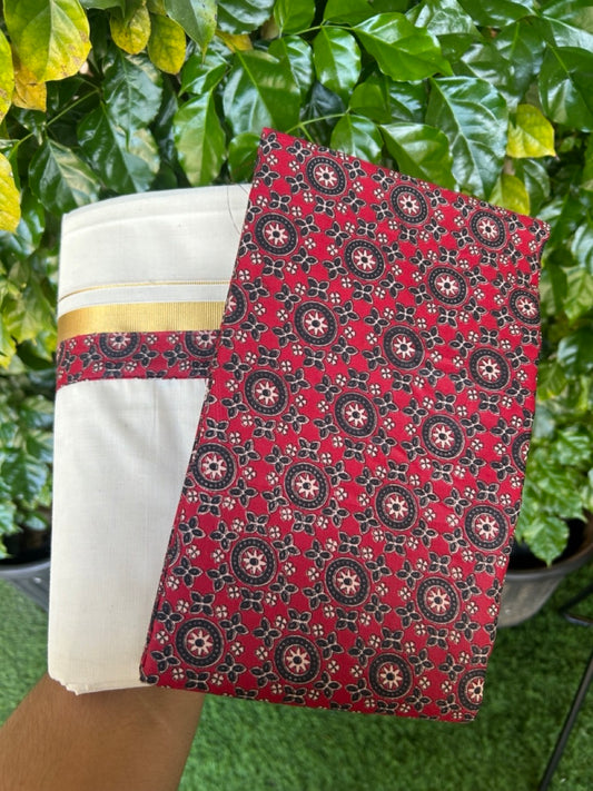 26% DISCOUNT ! KaithariKada Balaramapuram 100% Cotton Double OFF WHITE (Unbleached) Mundu/Dhoti (80X72) cotton mix with Dark Maroon Kalamkari Shirt Material combo - 10KK5243 PMC