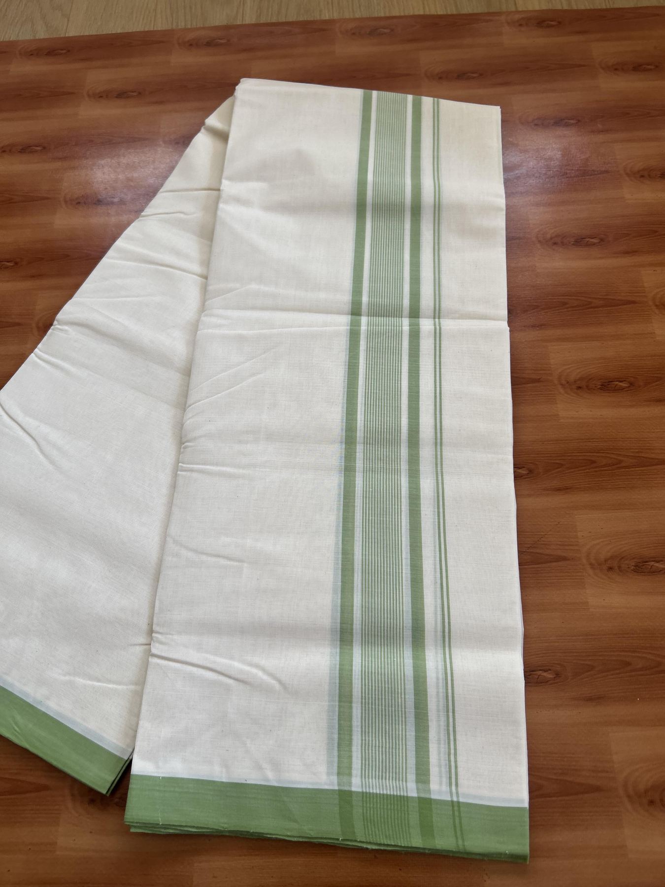 25% Discount! KaithariKada Handloom Millpaav - Kerala Handloom - Cotton Double Mundu/Dhoti Off white (Unbleached) - 80x90 - 2.25 inch Light Green Shaded Stripes Kara 4.00 meter (8.5 Muzham) - 88 KK5383 RAM