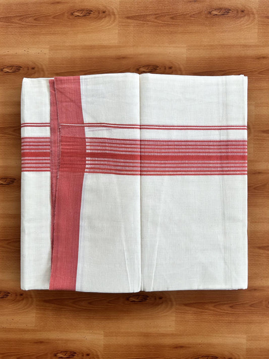Double Off White (Unbleached) Mundu/Dhoti - 20% Discount! KaithariKada Pure Cotton - 60s - 1.5 inch Peach Red Shaded Striped Kara 4 mtr (8.5 Muzham) - 71 KK5460 PMC
