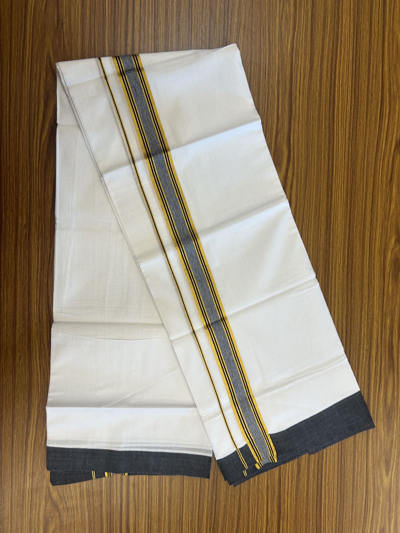 20% Discount! KaithariKada Balaramapuram 100% Cotton Double Pure white Mundu/Dhoti- 100x80 - 1.25 inch Gold Kasav & Black Stripes kara 3.75 mtr ( 8 muzham) - 36 KK5315 VAS