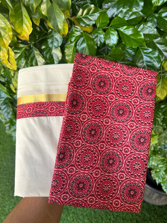 26% DISCOUNT ! KaithariKada Balaramapuram 100% Cotton Double OFF WHITE (Unbleached) Mundu/Dhoti (80X72) cotton mix with Maroon Kalamkari Shirt Material combo - 9KK5243 PMC