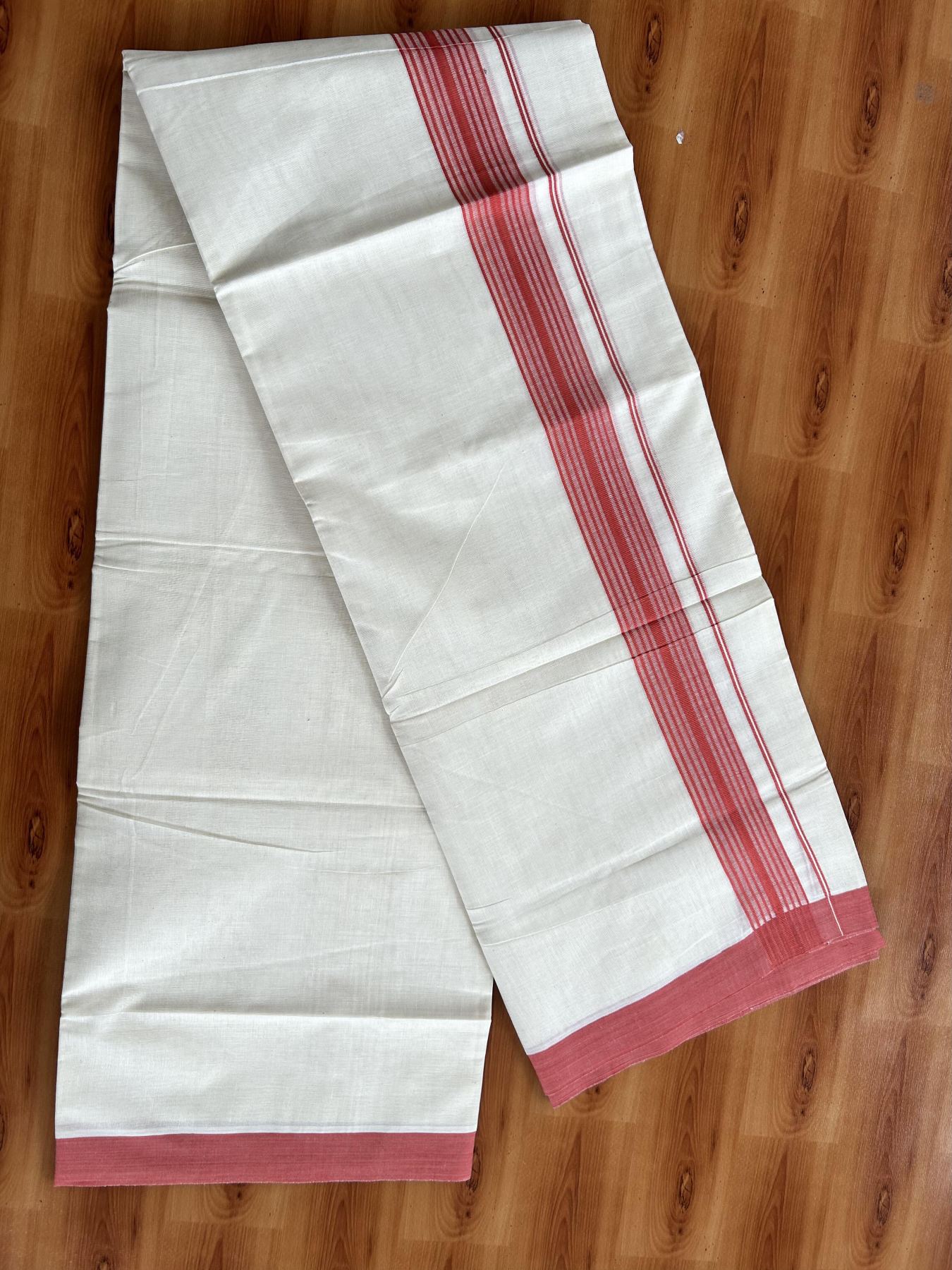 Double Off White (Unbleached) Mundu/Dhoti - 20% Discount! KaithariKada Pure Cotton - 60s - 1.5 inch Peach Red Shaded Striped Kara 4 mtr (8.5 Muzham) - 71 KK5460 PMC