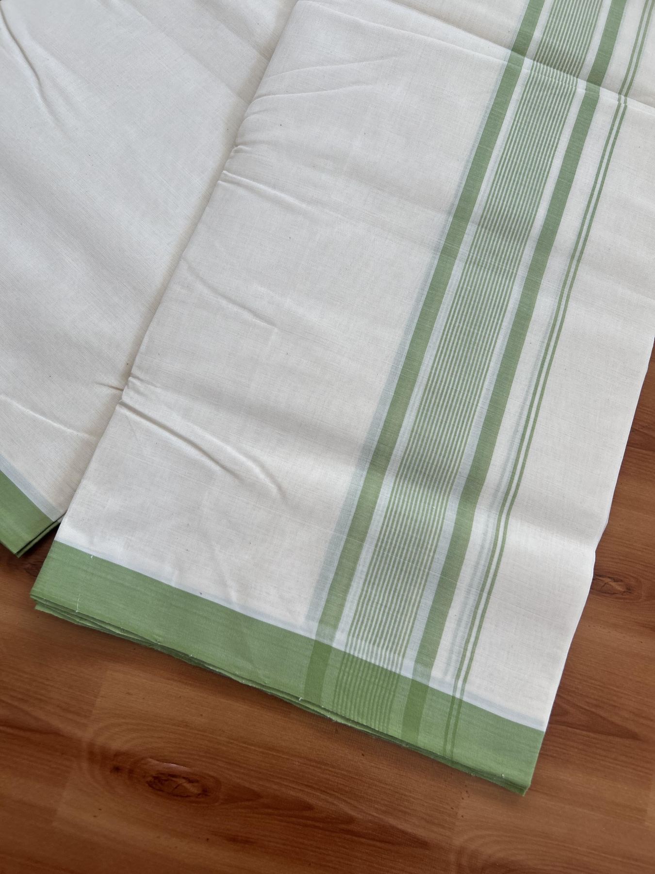 25% Discount! KaithariKada Handloom Millpaav - Kerala Handloom - Cotton Double Mundu/Dhoti Off white (Unbleached) - 80x90 - 2.25 inch Light Green Shaded Stripes Kara 4.00 meter (8.5 Muzham) - 88 KK5383 RAM
