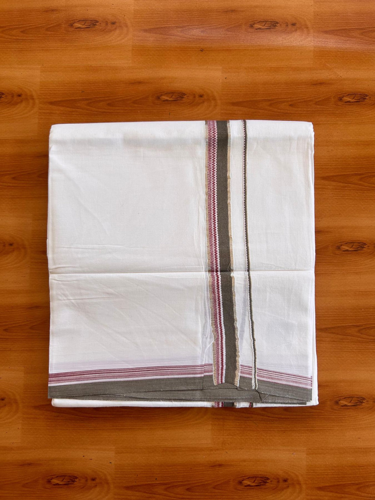 Double Pure White Mundu/ Dhoti - 20% Discount ! Kaitharikada Balaramapuram 100% Cotton 100x80 - 0.5 inch Silver Kasav, SageGreen ,Light Maroon & White Design Kara 3.90 mtr (8 muzham) - 12 KK5528 VAS