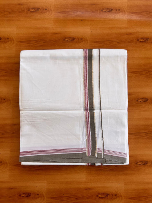 Double Pure White Mundu/ Dhoti - 20% Discount ! Kaitharikada Balaramapuram 100% Cotton 100x80 - 0.5 inch Silver Kasav, SageGreen ,Light Maroon & White Design Kara 3.90 mtr (8 muzham) - 12 KK5528 VAS