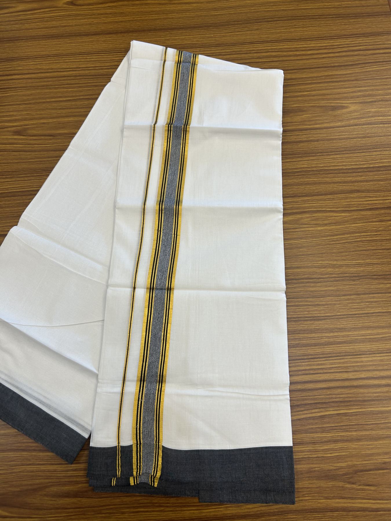 20% Discount! KaithariKada Balaramapuram 100% Cotton Double Pure white Mundu/Dhoti- 100x80 - 1.25 inch Gold Kasav & Black Stripes kara 3.75 mtr ( 8 muzham) - 36 KK5315 VAS