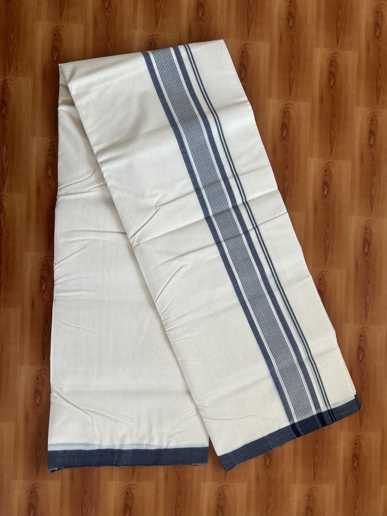 25% Discount! KaithariKada Handloom Millpaav - Kerala Handloom - Cotton Double Mundu/Dhoti Off white (Unbleached) - 80x90 - 2 inch Navy Blue Shaded Stripes Kara 4.00 meter (8.5 Muzham) - 84 KK5383 RAM