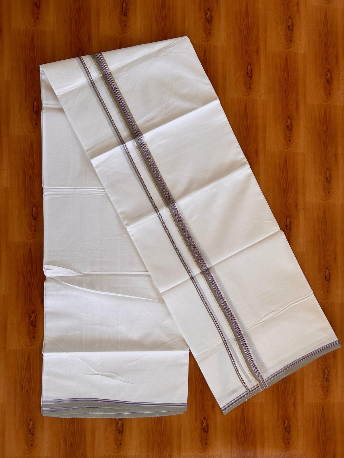 Double Pure White Mundu/ Dhoti - 20% Discount ! Kaitharikada Balaramapuram 100% Cotton 100x80 - 0.5 inch Silver Kasav, SageGreen ,NavyBlue & White Design Kara 3.90 mtr (8 muzham) - 14 KK5528 VAS