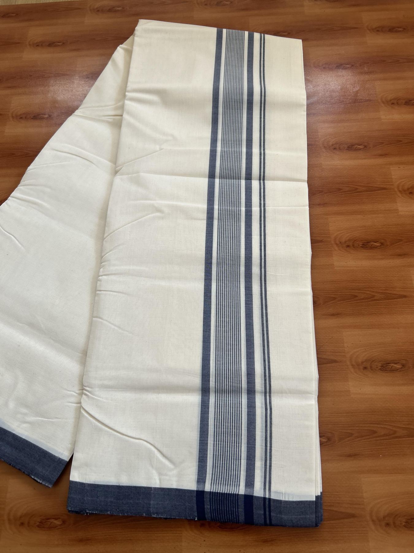 25% Discount! KaithariKada Handloom Millpaav - Kerala Handloom - Cotton Double Mundu/Dhoti Off white (Unbleached) - 80x90 - 2 inch Navy Blue Shaded Stripes Kara 4.00 meter (8.5 Muzham) - 84 KK5383 RAM