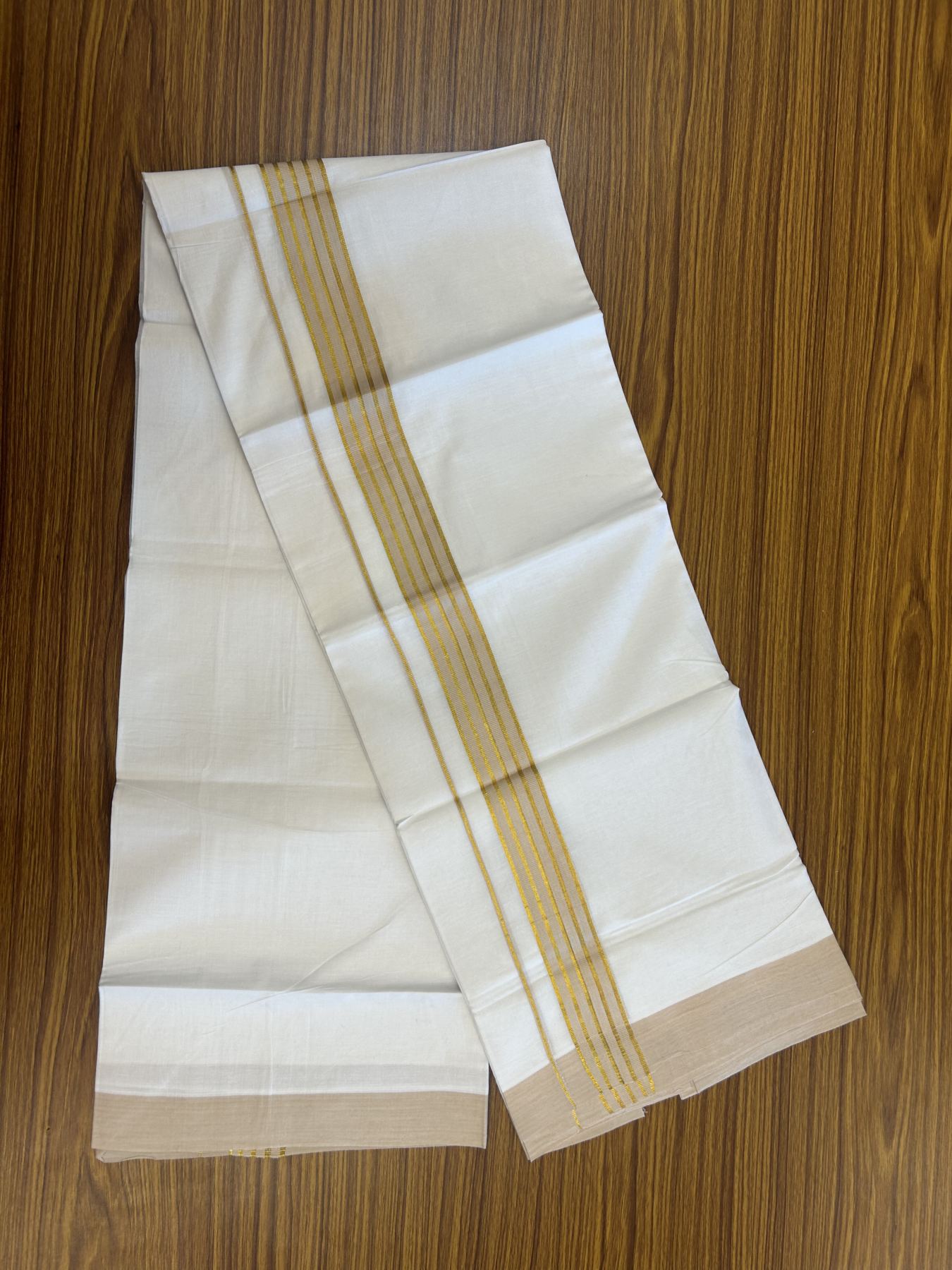 20% Discount! KaithariKada Balaramapuram 100% Cotton Double Pure white Mundu/Dhoti- 100x80 - 1.25 inch Gold Kasav & Cream Stripes kara 3.75 mtr ( 8 muzham) - 10 KK5315 VAS