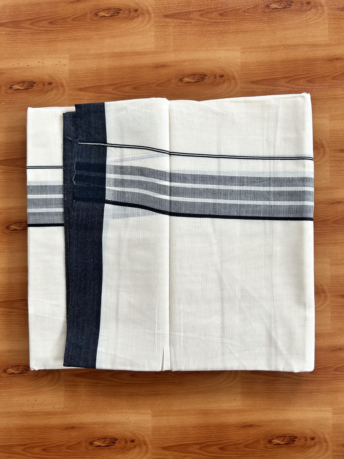 Double Off White (Unbleached) Mundu/Dhoti - 20% Discount! KaithariKada Pure Cotton - 60s - 1.75 inch Navy Blue Shaded Striped Kara 4 mtr (8.5 Muzham) - 60 KK5460 PMC