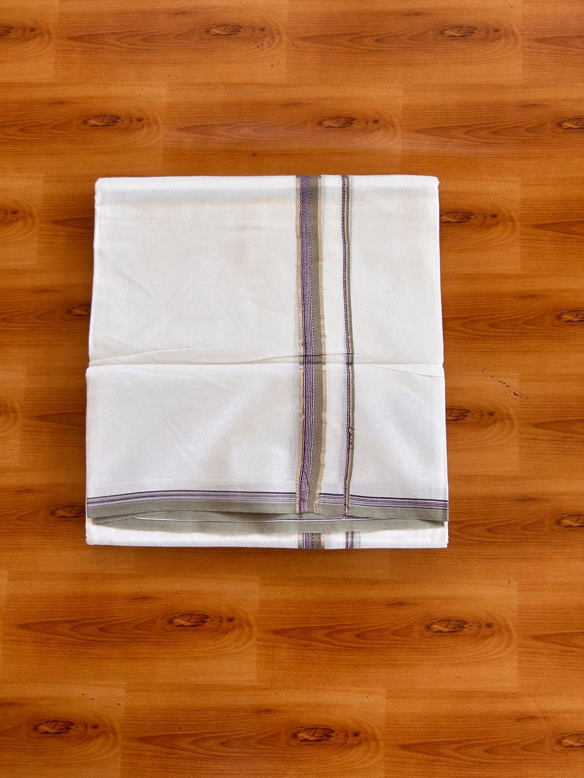 Double Pure White Mundu/ Dhoti - 20% Discount ! Kaitharikada Balaramapuram 100% Cotton 100x80 - 0.5 inch Silver Kasav, SageGreen ,NavyBlue & White Design Kara 3.90 mtr (8 muzham) - 14 KK5528 VAS